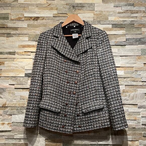 Chanel 05 Black White Plaid Tweed Sequin Jacket FR 40 | Gold Buttons Blazer Rare - Picture 5 of 16